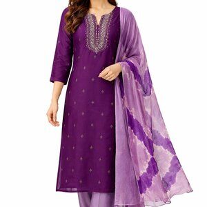 Regal Plum Purple Embroidered Cotton-Blend Kurta Set